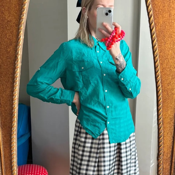 Sheer Cotton & Silk Blend Blouse, Teal, Size L - Picture 2 of 4